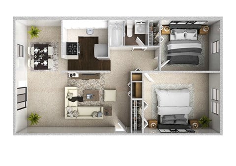 Floor plan for 2 beds, 1 bath, 900 sqft